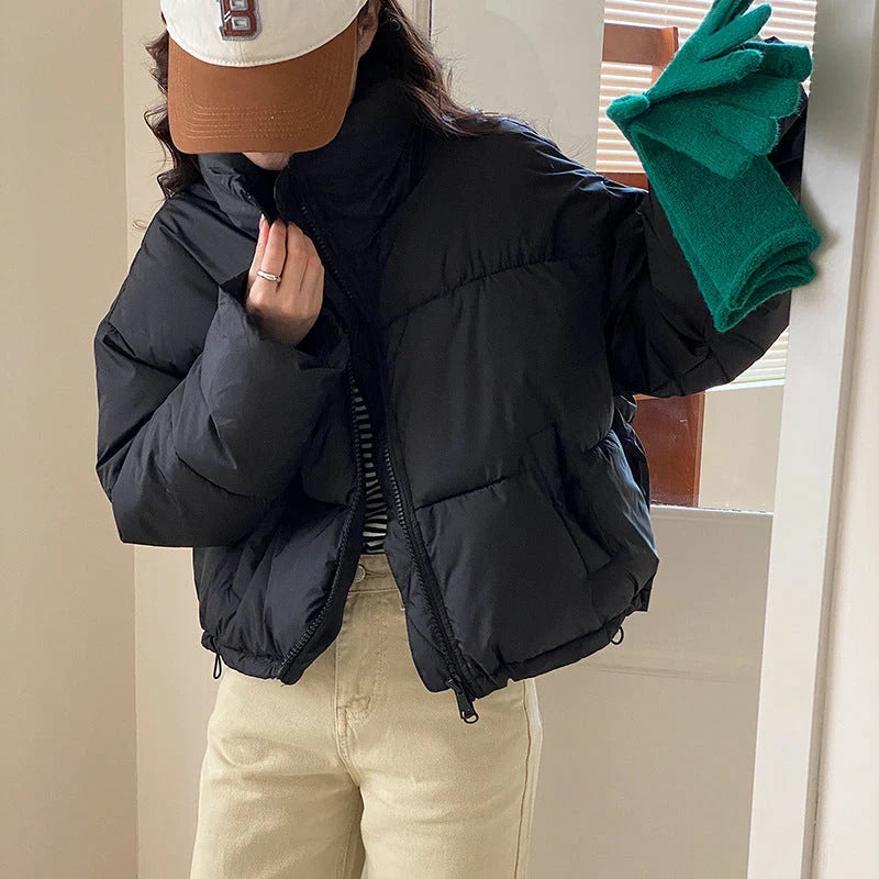 Stand collar short cotton-padded coat for women in slim fit design, available in four colours