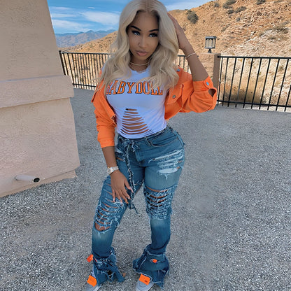 Orange cropped women's denim jacket with lapel collar, long sleeves 46cm, pockets, length 41cm, 0.35kg weight