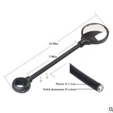Black metal bicycle rearview mirror with hose adjustment system for handlebar or helmet mounting