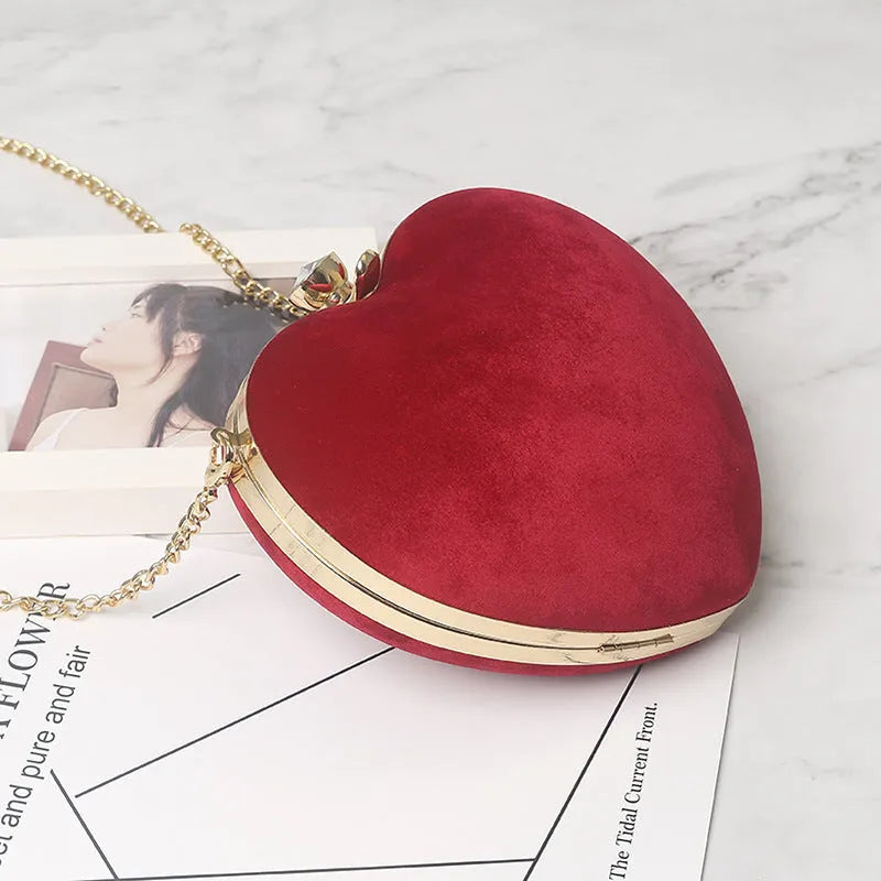 Heart-shaped plush cotton chain bag in pink with chain strap and hook closure