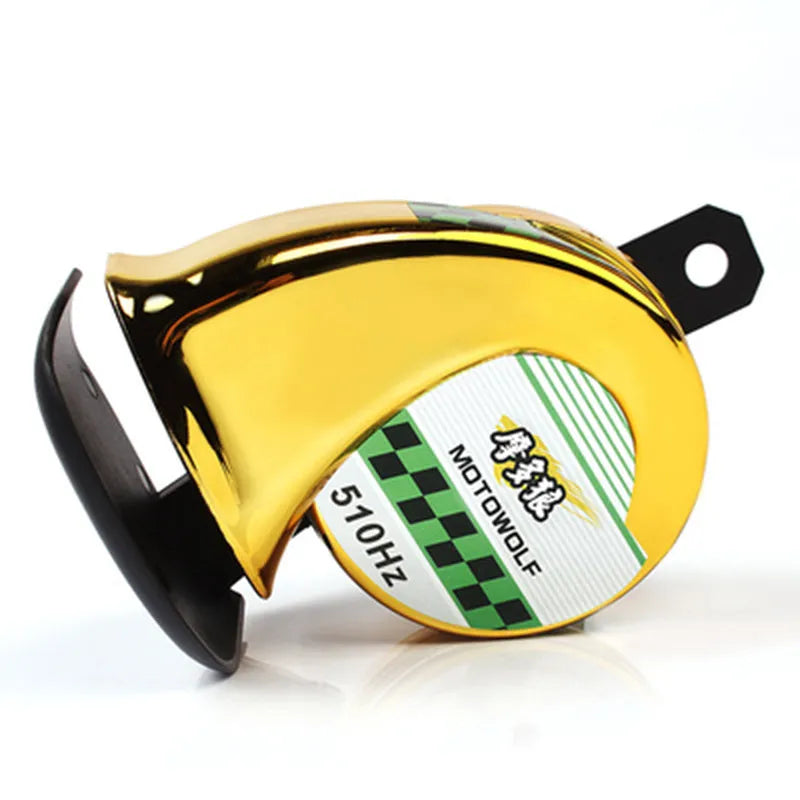 12V 110dB car motorcycle horn in black with ABS construction showing compact oval shape