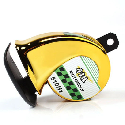 12V motorcycle horn in black measuring 12.7x8.1cm with 110dB output