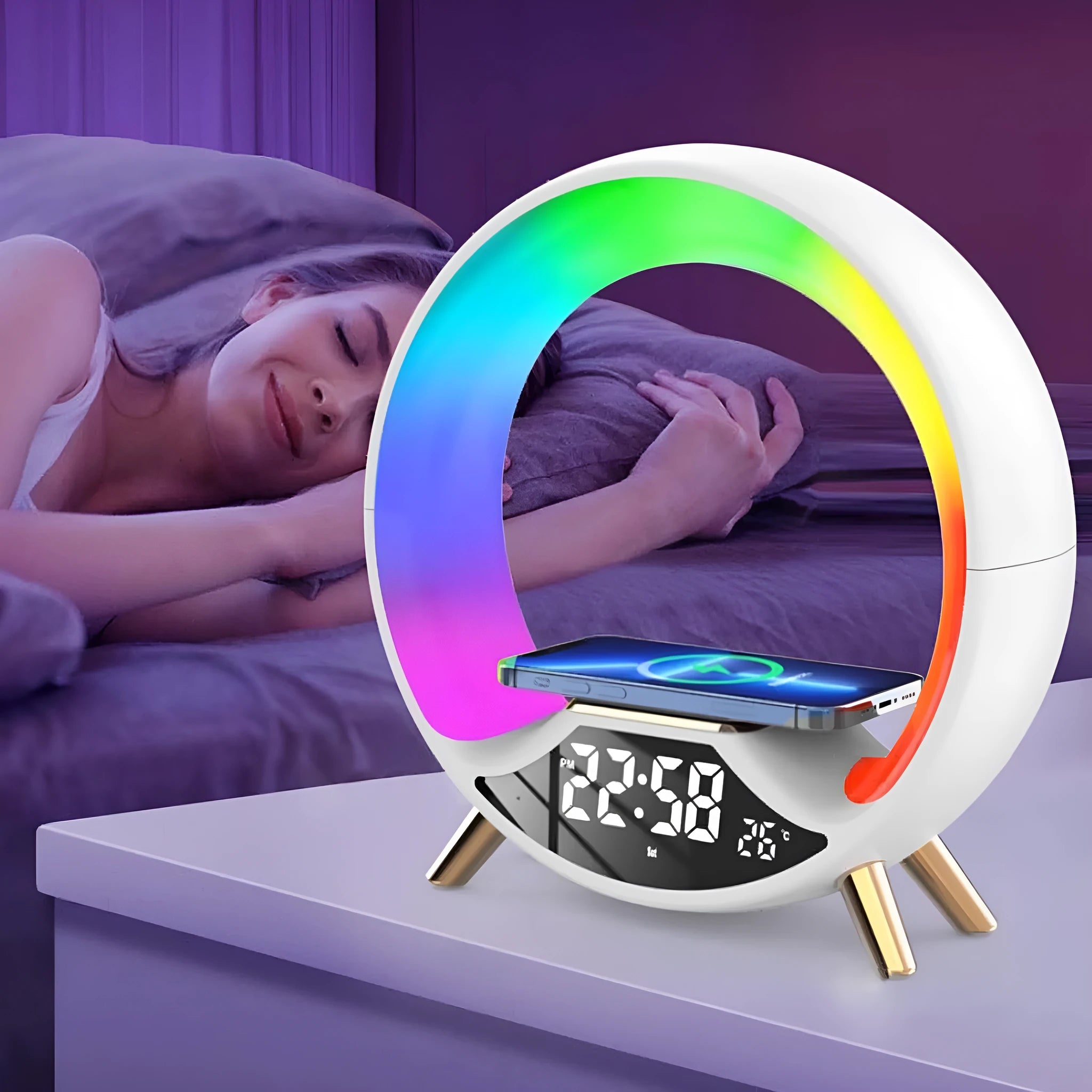 Black multifunctional table lamp with wireless charging pad, Bluetooth speaker, clock display, and adjustable LED night light.