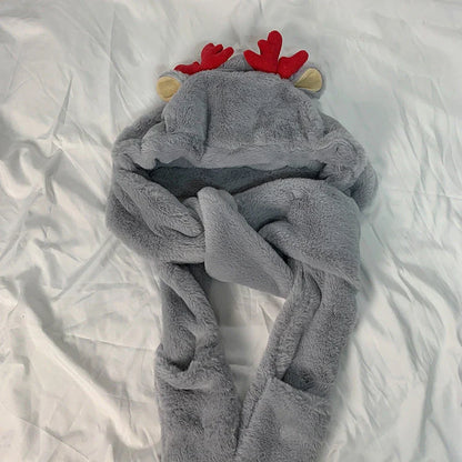 Kawaii winter scarf set with hat and gloves in grey, milky white, and light khaki