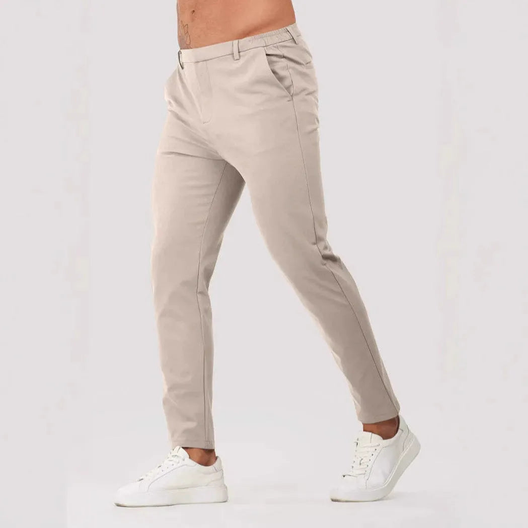 Men's solid colour casual suit trousers in grey, mid waist straight leg with button fly