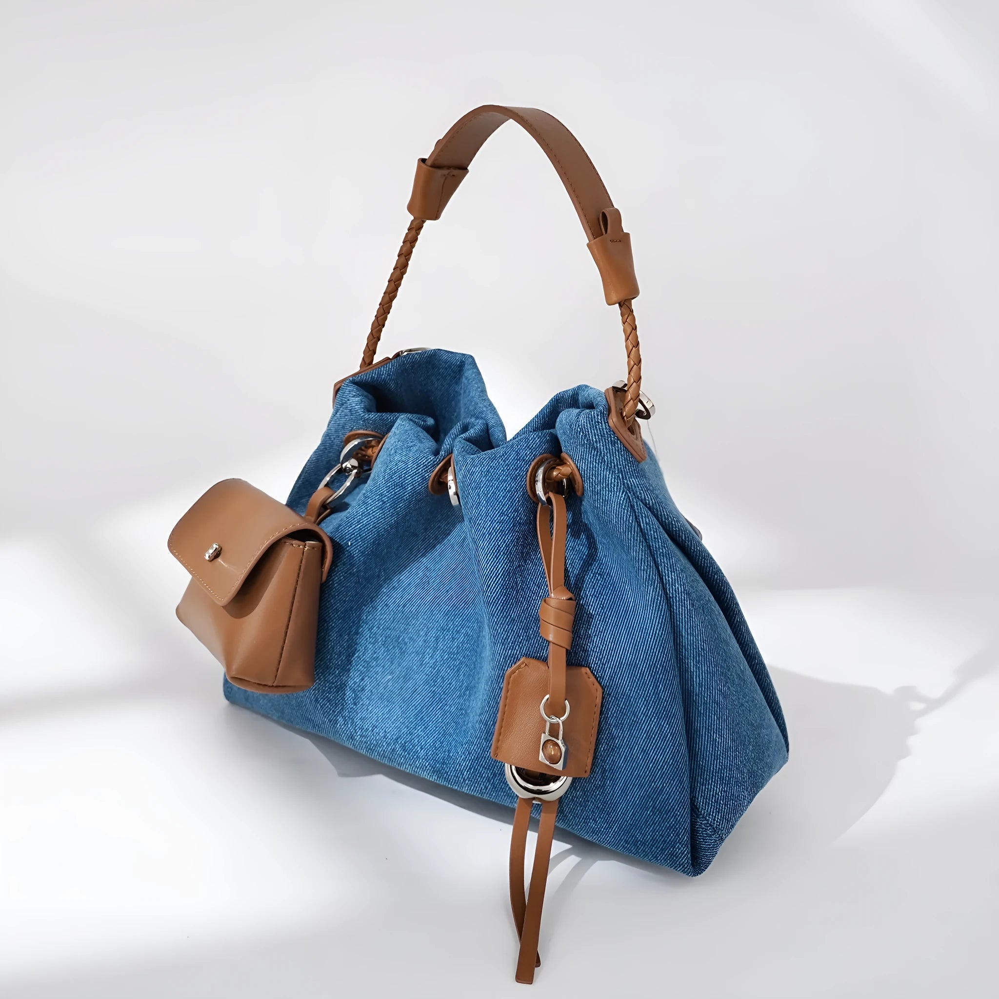 Denim oval handbag with open pocket, 29x20x12cm, urban simplicity style, blue option
