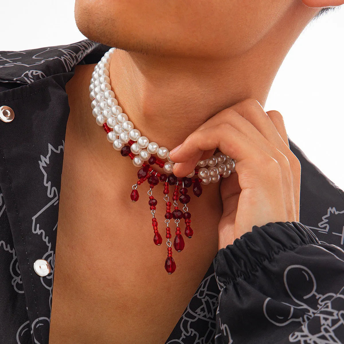 Halloween blood drop tassel crystal necklace for men with adjustable chain and geometric beads