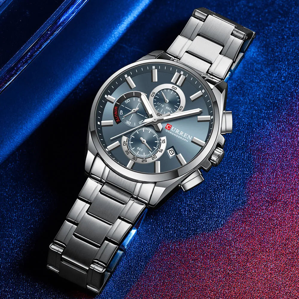 Men's stainless steel strap watch with black dial, alloy case, single folding buckle, six-pin timing, waterproof