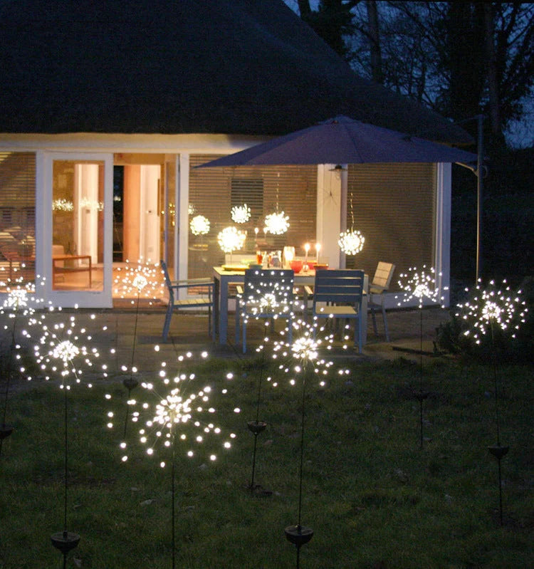 Solar-powered LED fireworks light string for outdoor decoration in various colors