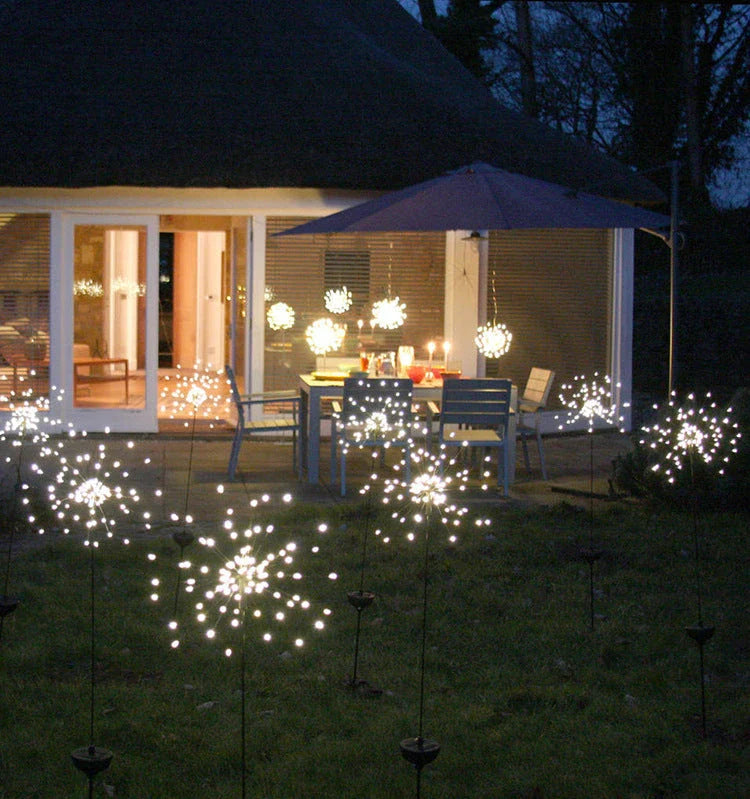 Solar-powered string lights with fireworks-inspired lighting effects, perfect for outdoor gardens, patios, and parties