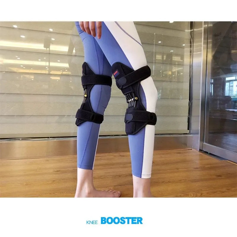 Adjustable spring knee brace support for mountaineering and sports activities.