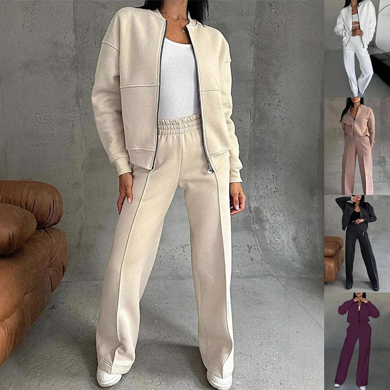 Stylish women's sports suit with zipper jacket and wide-leg pants for workouts and casual wear