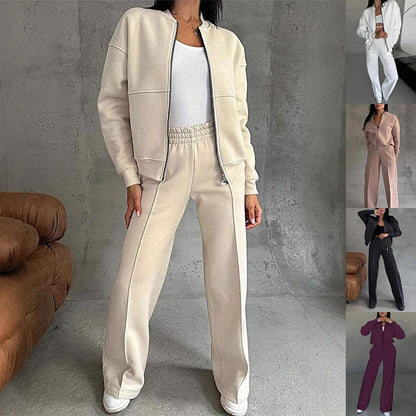 Stylish women's sports suit with zipper jacket and wide-leg pants for workouts and casual wear