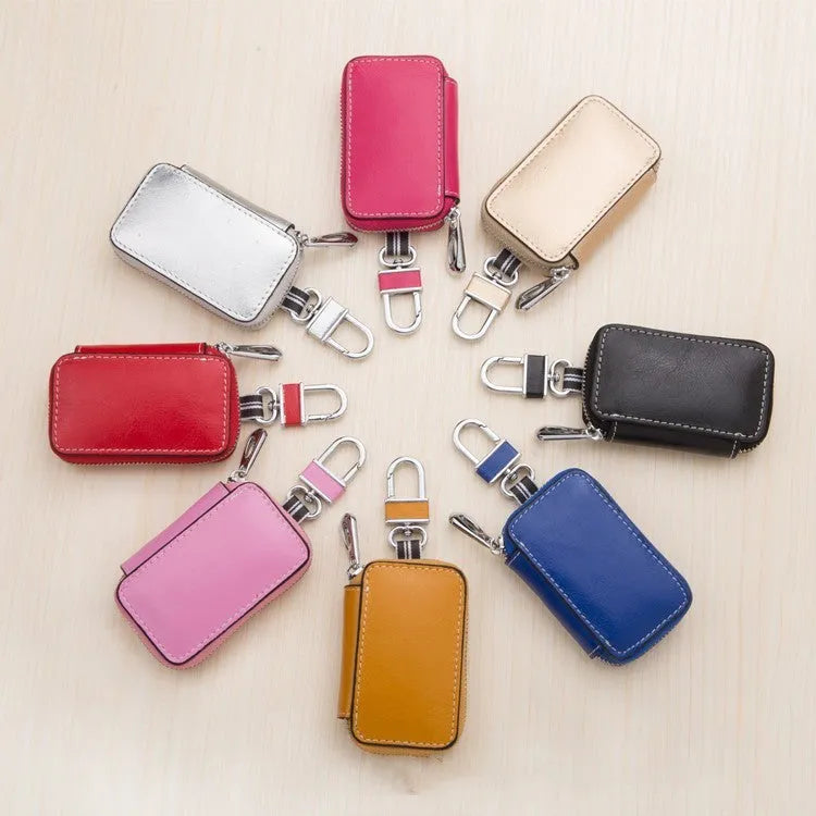 White genuine leather square car key case with plain weave texture, shown with dimensions.