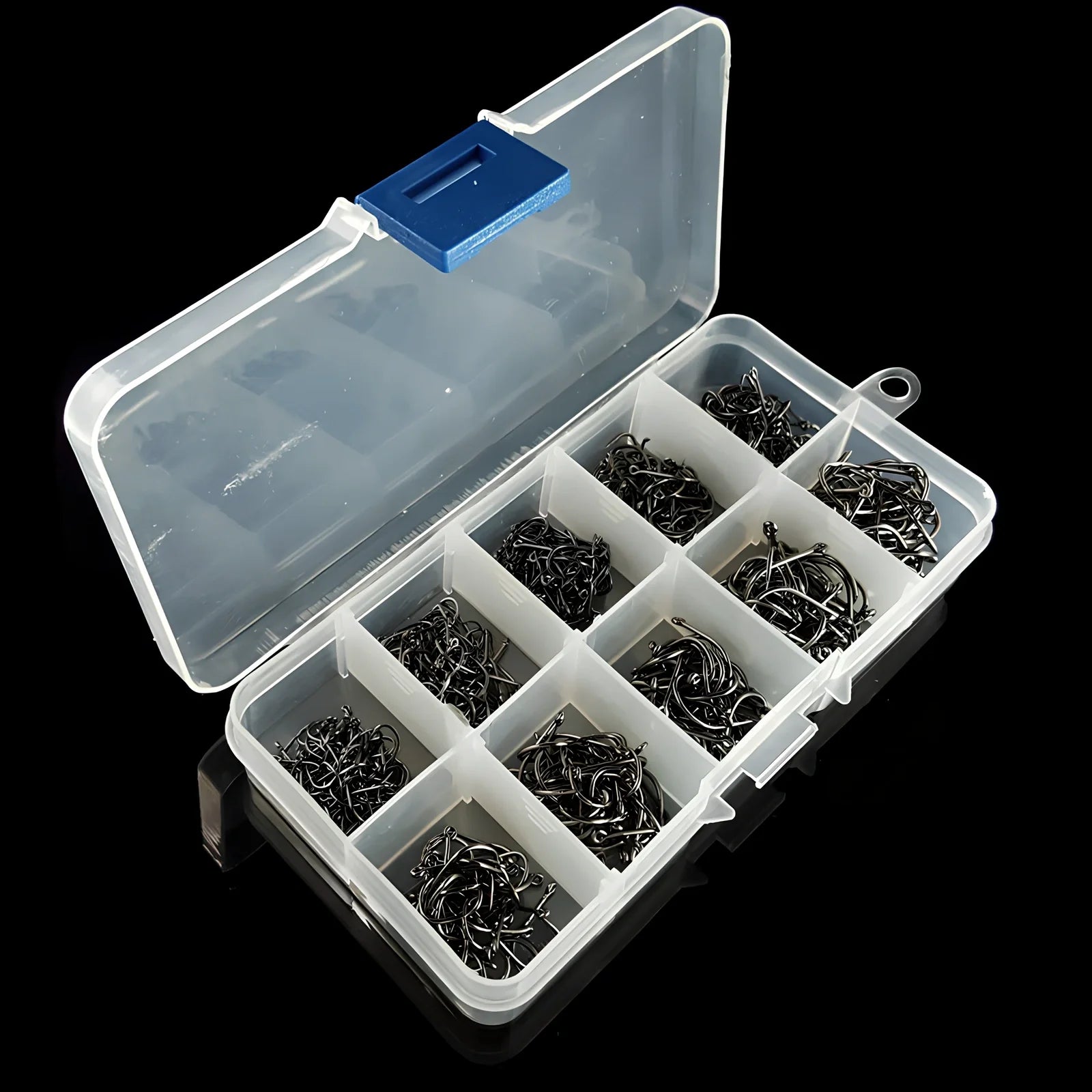 500 barbed blue fishing hooks sizes 3-12 in ten-lattice plastic box 13cm x 7cm