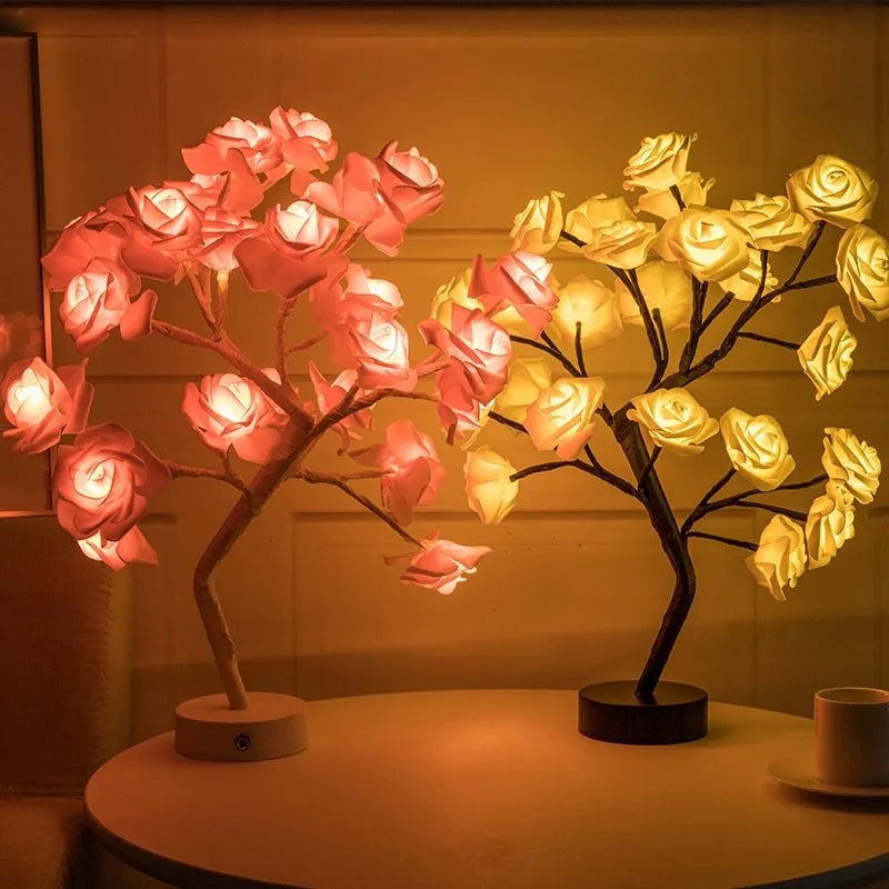 White and red rose flower LED table lamp with warm white lights on wooden surface
