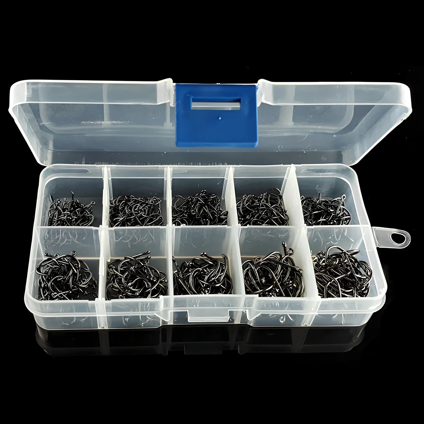 500 barbed blue fishing hooks sizes 3-12 in ten-lattice plastic box 13cm x 7cm