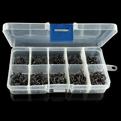 500 barbed blue fishing hooks sizes 3-12 in ten-lattice plastic box 13cm x 7cm