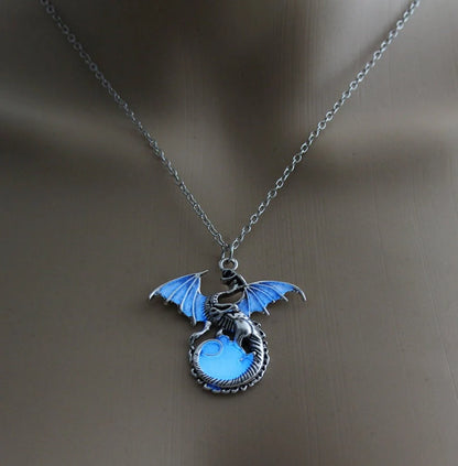 Glowing Vintage Flying Dragon Necklace with luminous pendant in ancient bronze and silver plating options