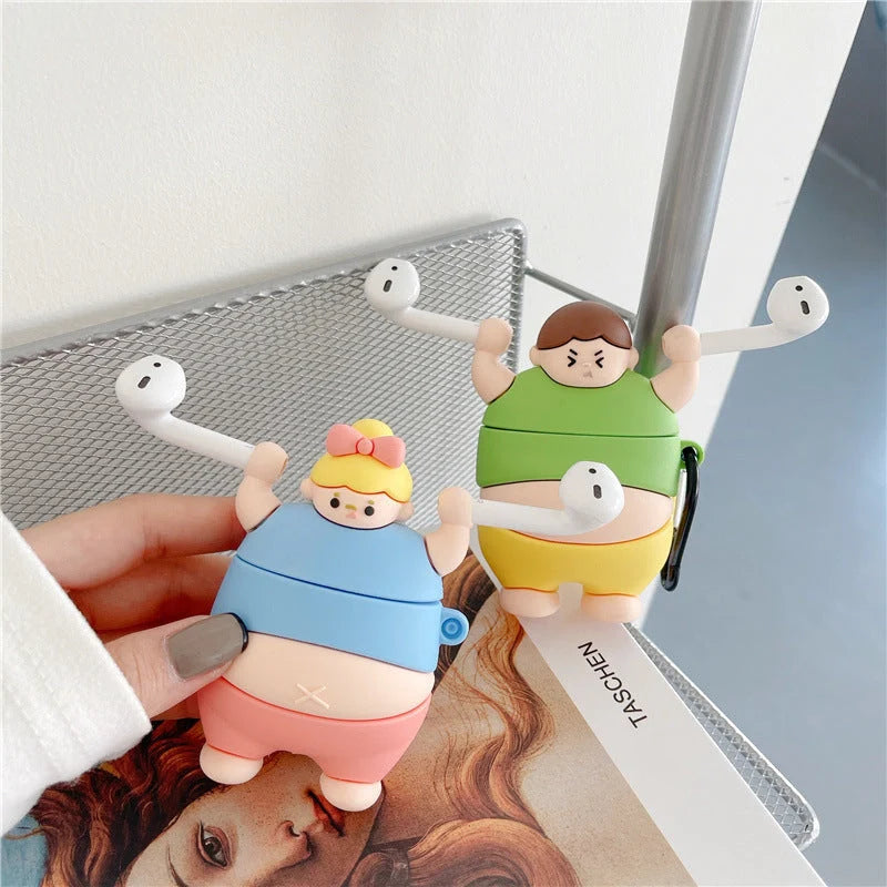 3D Cute Little Fat Man Lifting Weights Silicone Case for AirPods Pro in green and blue
