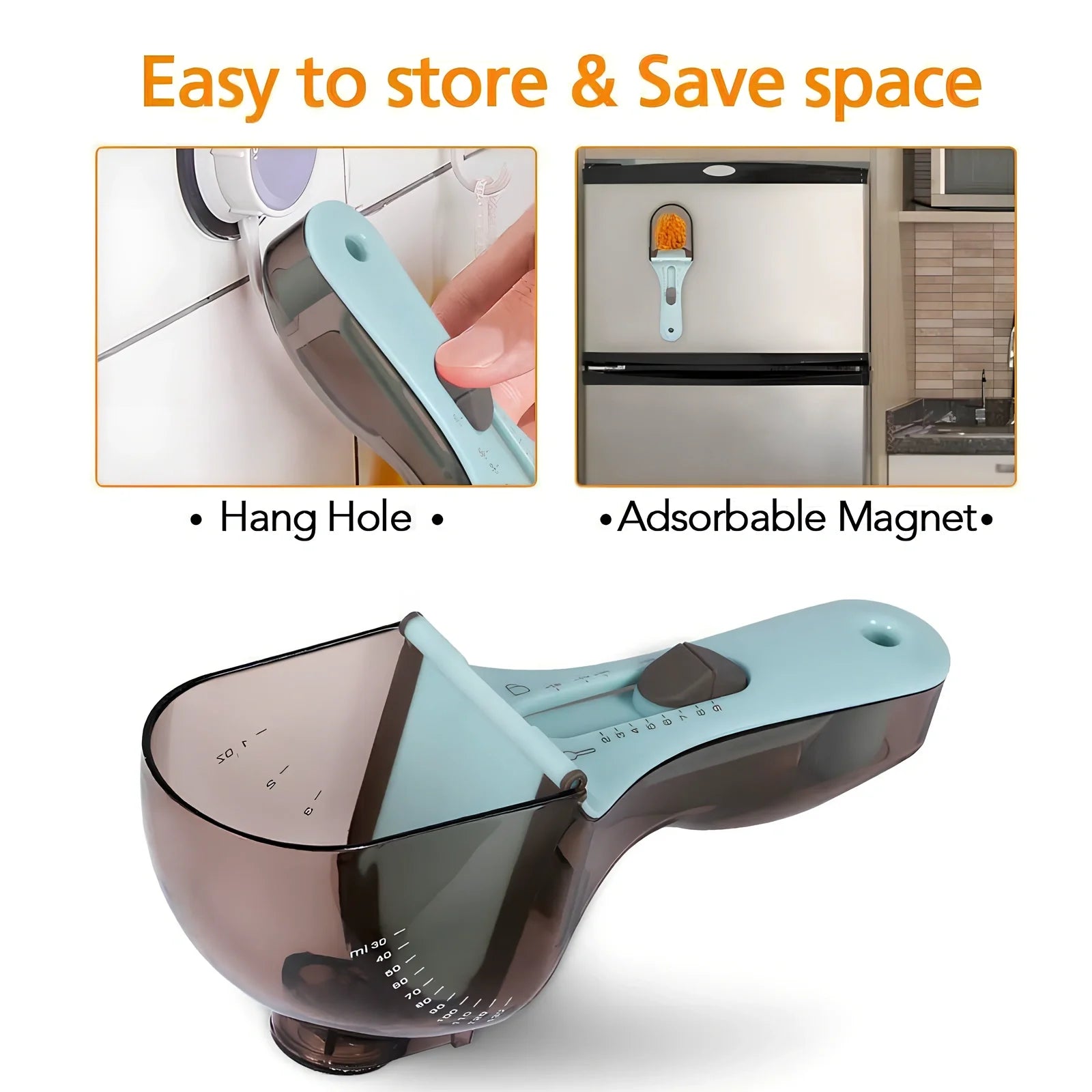 Blue adjustable measuring spoons with magnetic base showing measurement markings from 5ml to 130ml