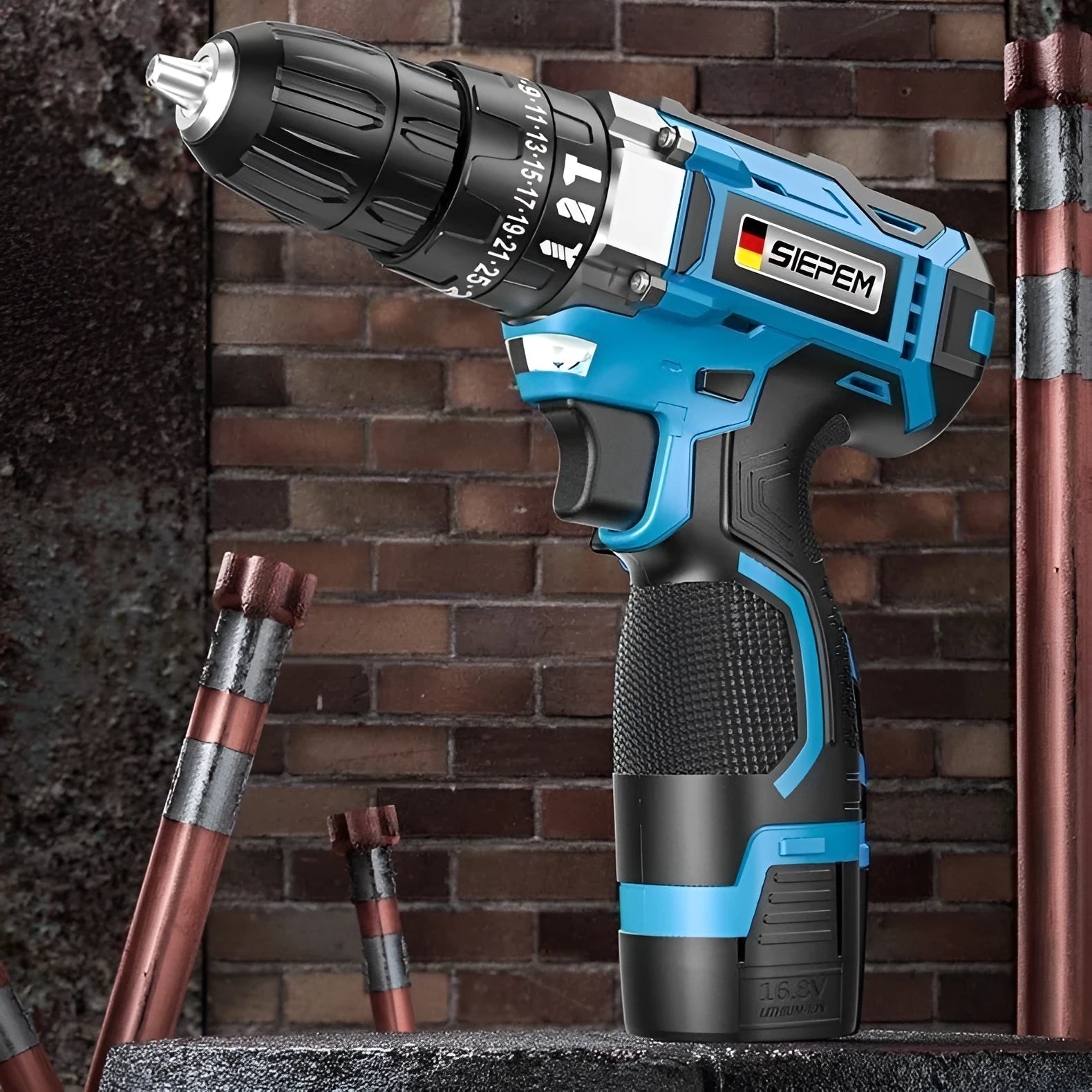 12V pistol grip impact drill and screwdriver set in plastic storage box