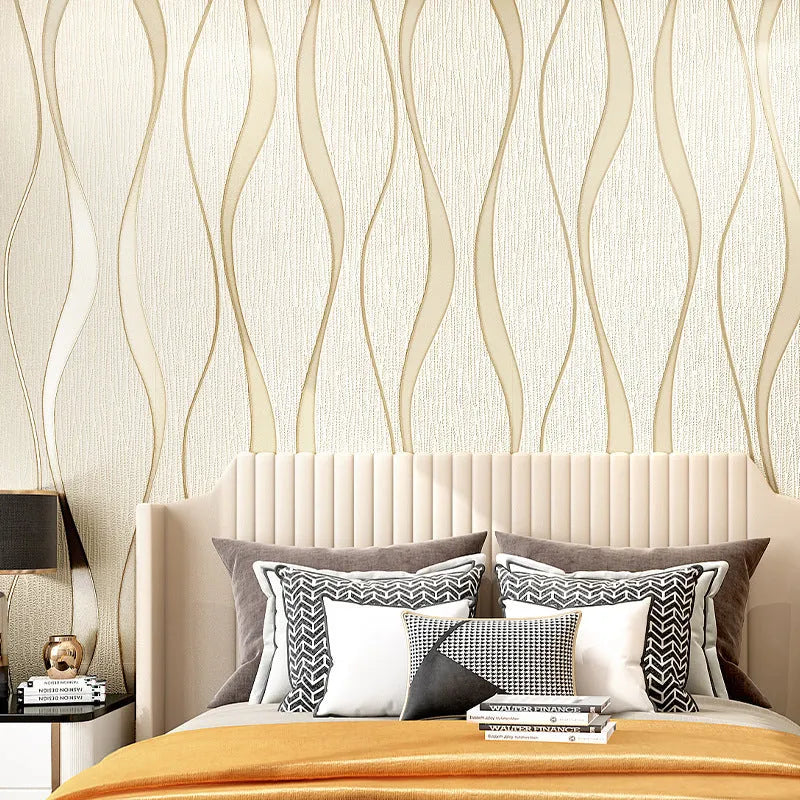 Close-up of light grey 3D Curve Stripe pattern on thick velvet wallpaper texture.