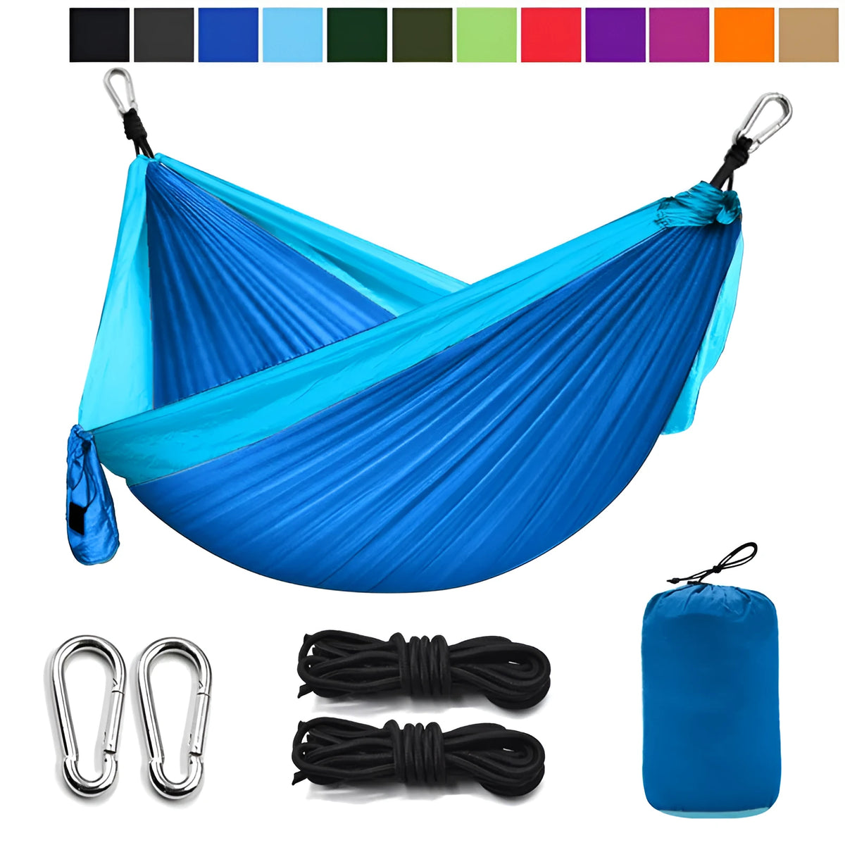 Ultralight outdoor camping nylon hammock in black grey colour, unfolded on grass with trees in background
