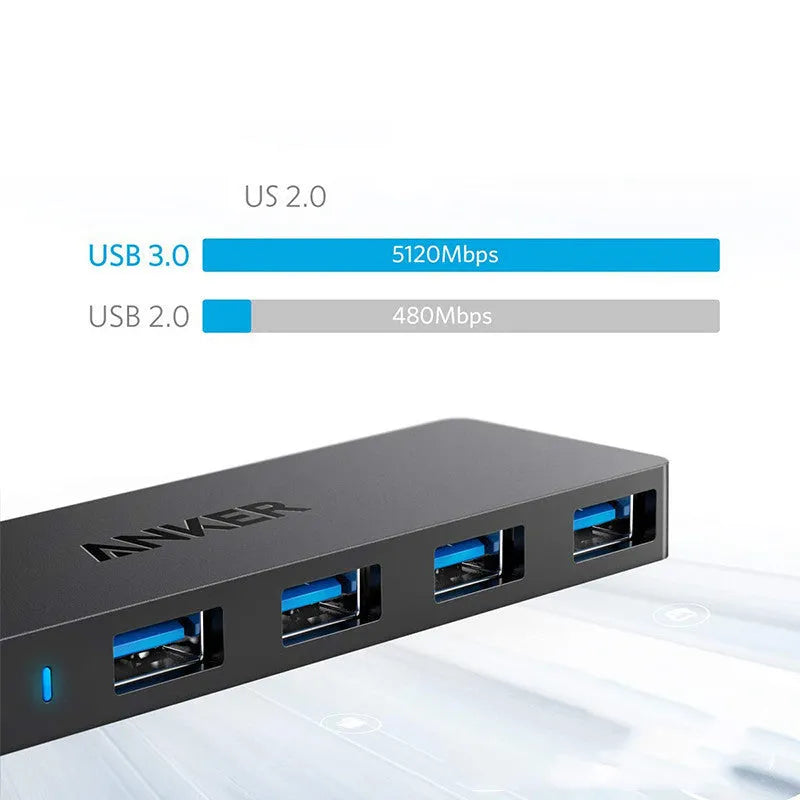 Black Anker 4-port USB 3.0 hub with 20cm cable showing compact 30x107mm dimensions