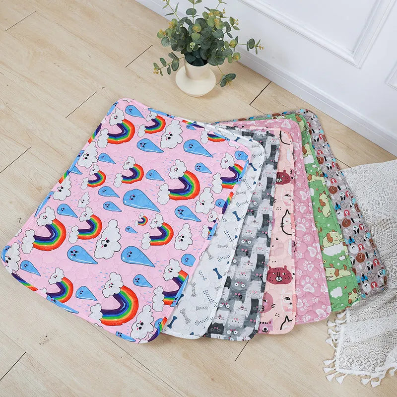 Reusable waterproof pet training pad with animal print design on a wooden floor