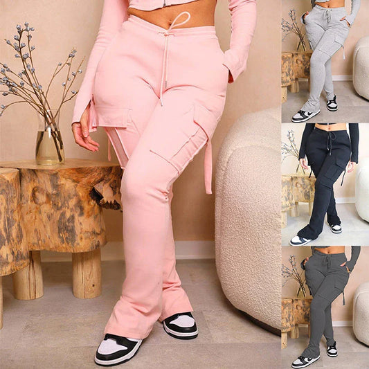 Comfortable cargo pants with pockets, high-waisted design, and drawstring waist for women