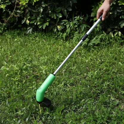 Cordless lawn trimmer with extension pole and protective debris shield for easy garden maintenance