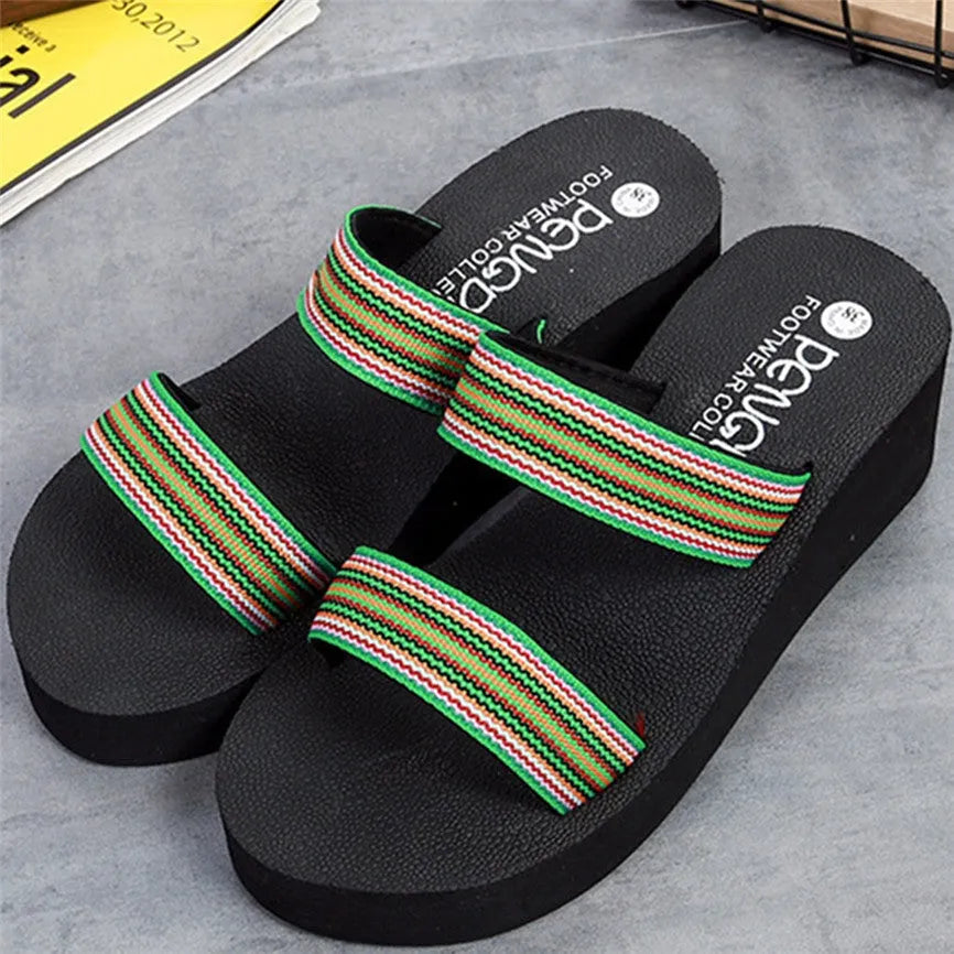 Women's brown bohemian summer slippers with 5.5cm heel and elastic EVA upper