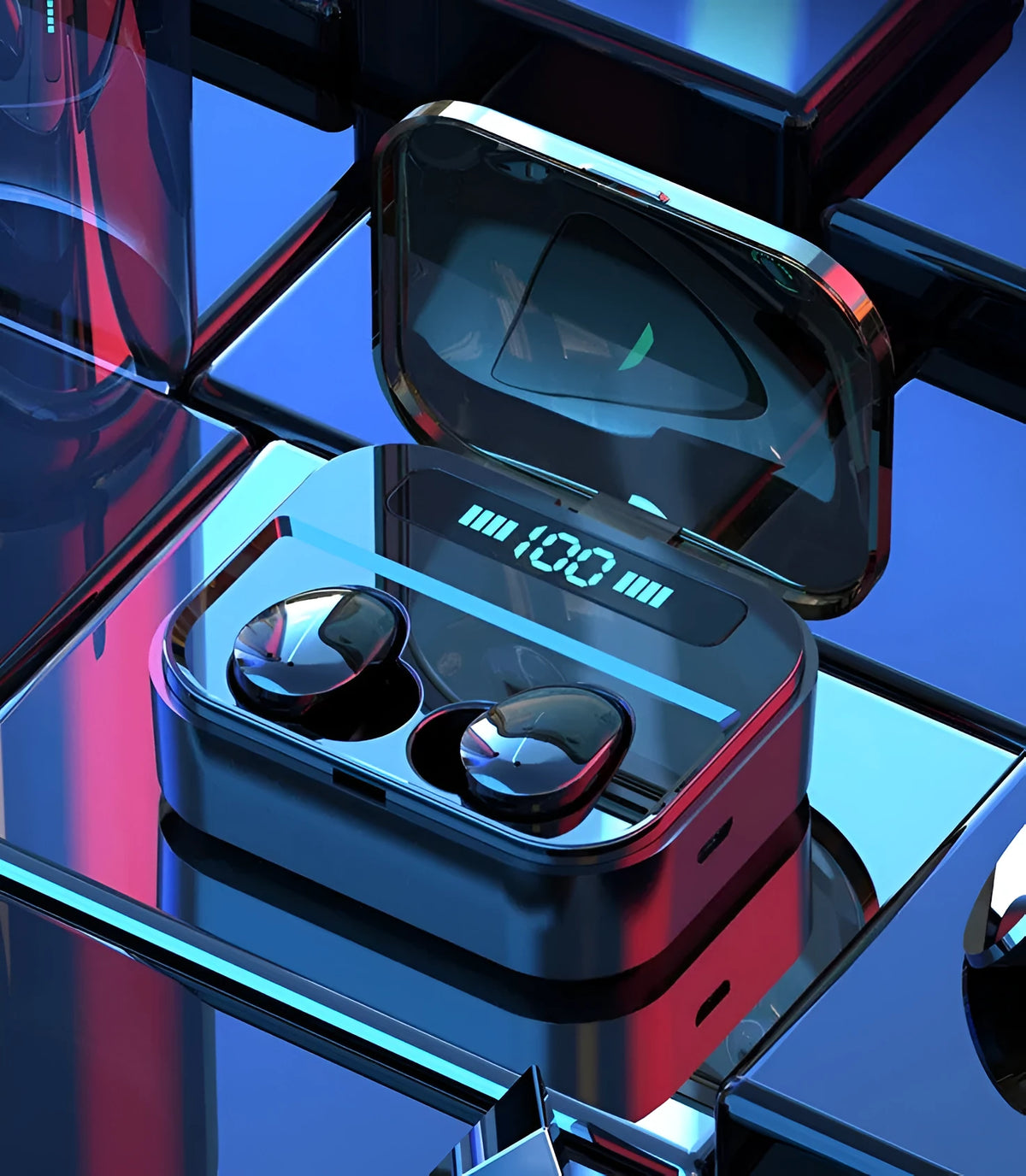 TWS Bluetooth earphones with 3600mAh charging case, 8mm drivers, waterproof, in black on white background