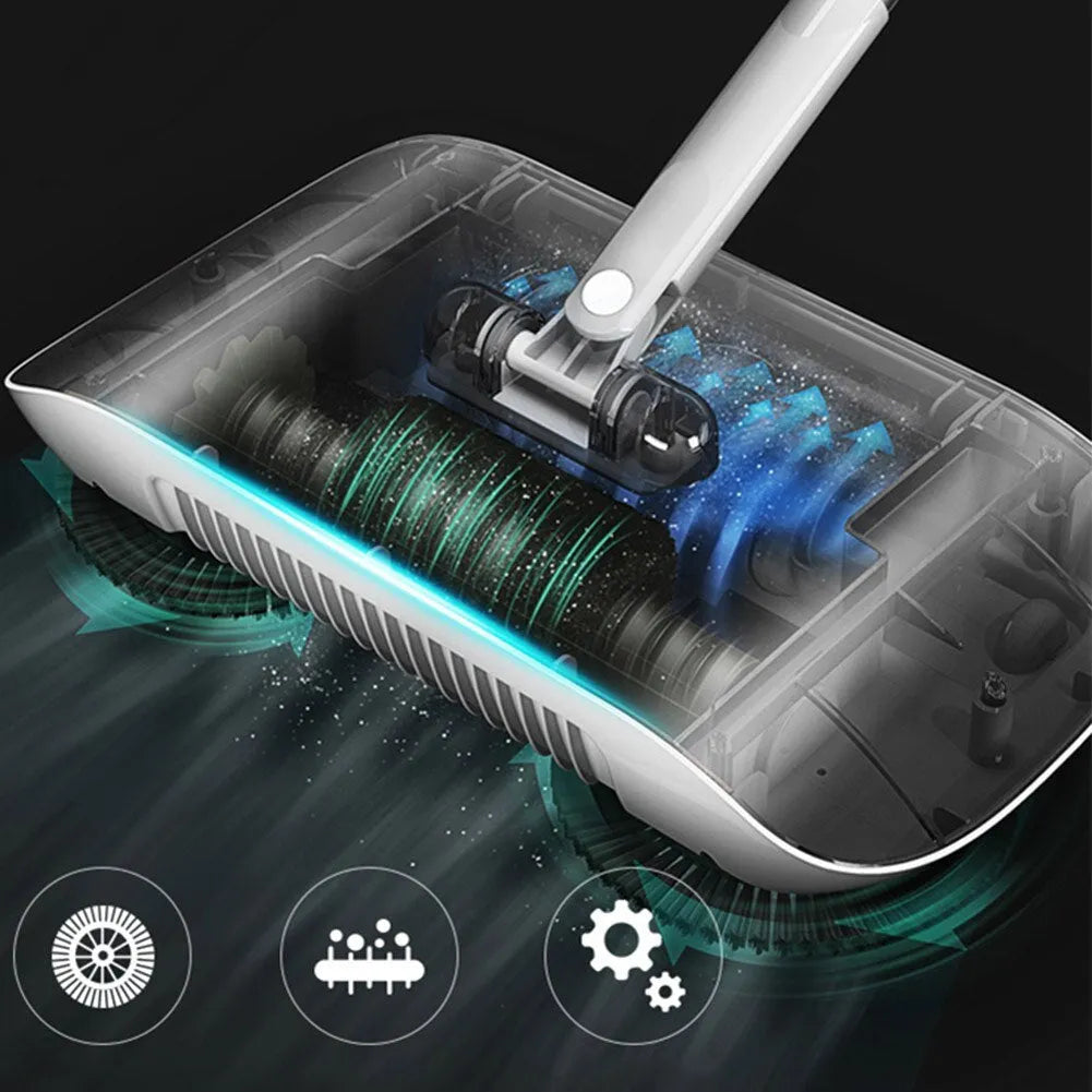 Pink hand push sweeper 3-in-1 with rotating brush on tiled floor