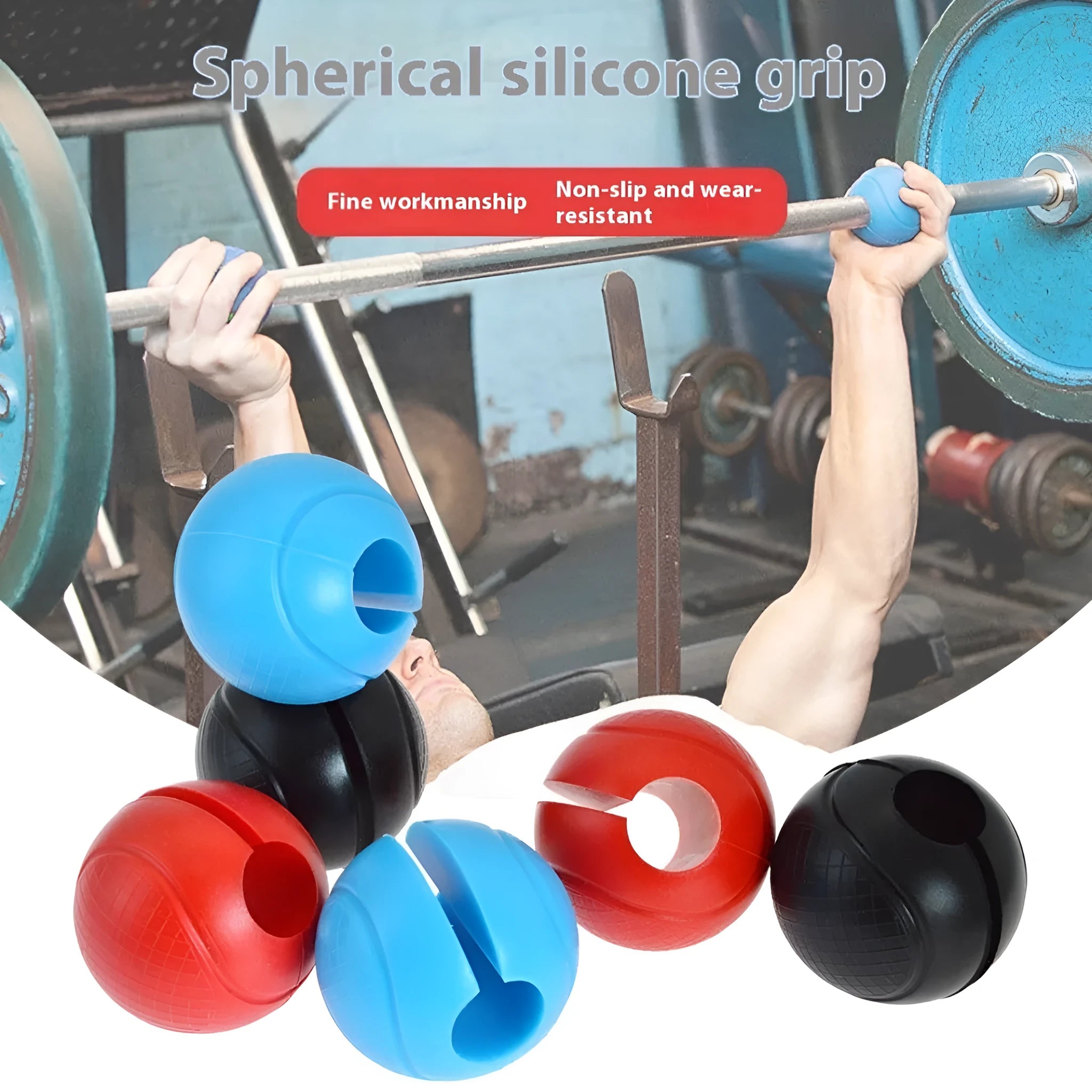 Black silicone spherical dumbbell grip on a dumbbell handle for non-slip weight training