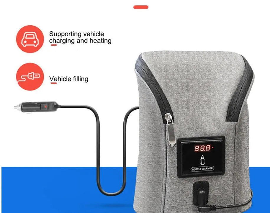 Grey Oxford cloth portable baby bottle warmer with electronic display and car charger, shown next to two baby bottles.