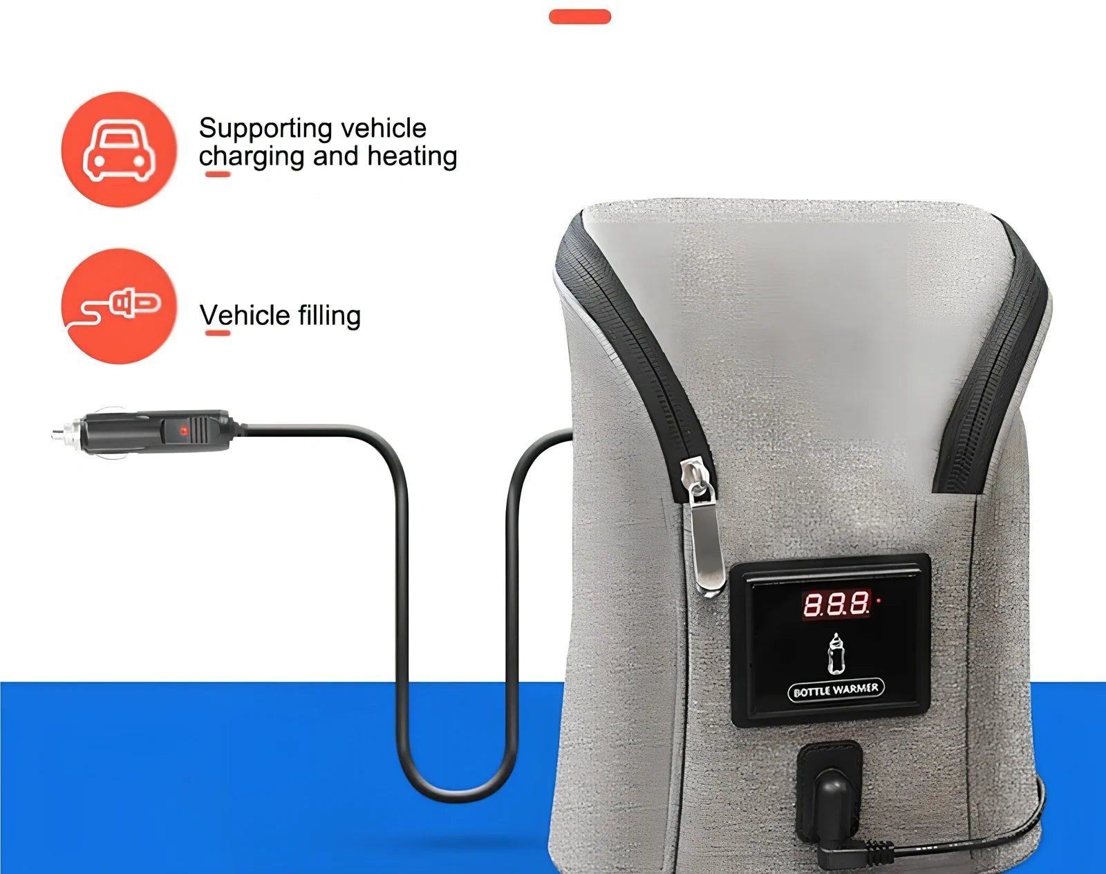 Grey portable baby bottle warmer with electronic display and car charger for 12V vehicle use