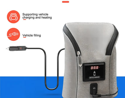 Grey portable baby bottle warmer with electronic display and car charger for 12V vehicle use