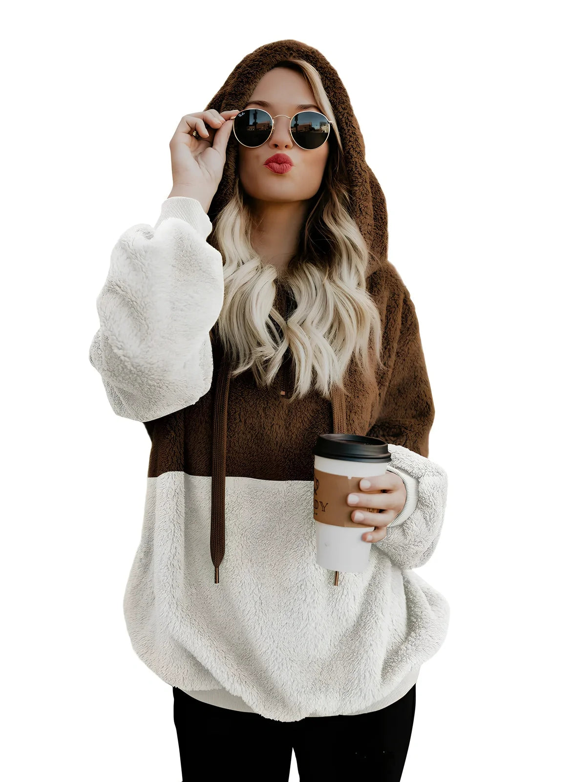 Women's casual plush hooded sweatshirt in dark grey with zipper, drawstring hood, and patchwork stitching, loose fit for autumn winter