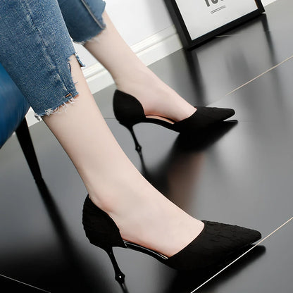 Women's black stiletto heel shoes with 6-8cm height, PU upper, rubber sole, size 36 fitting 230mm foot