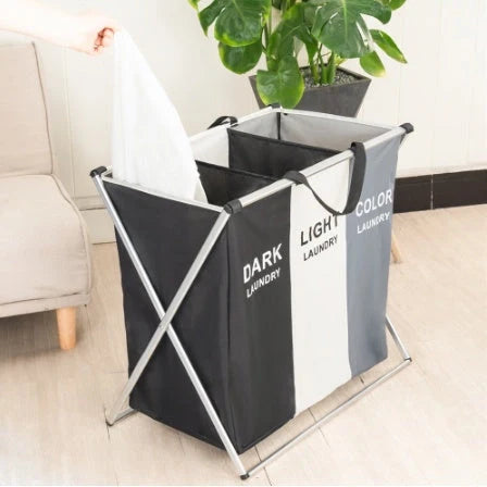 Foldable multi-layer laundry basket with waterproof liner and three compartments