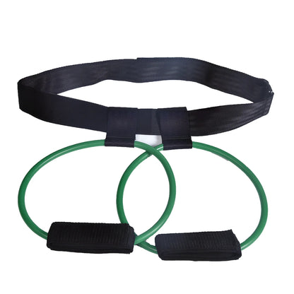 Women's adjustable waist resistance band with colour-coded latex tubes and pedal exerciser foot straps