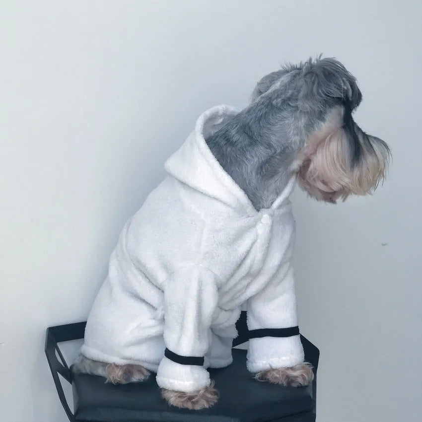 White polyester pet bathrobe for dogs and cats, sizes S to XL, on a white background