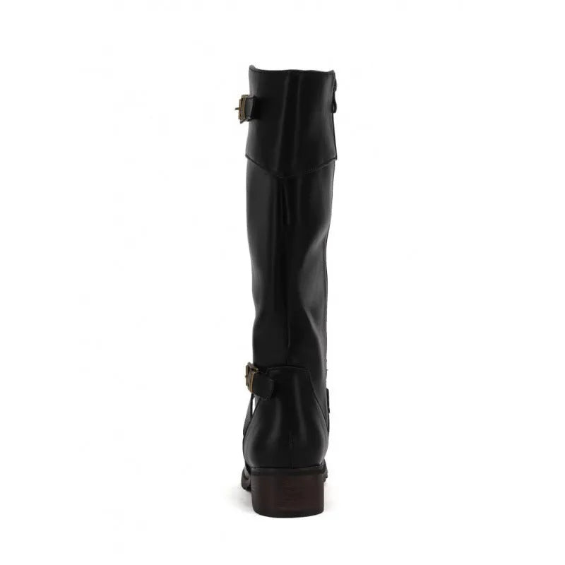 Women's belt buckle plus size high leg boots in khaki, round toe, mid heel, artificial PU upper, sizes 34-45