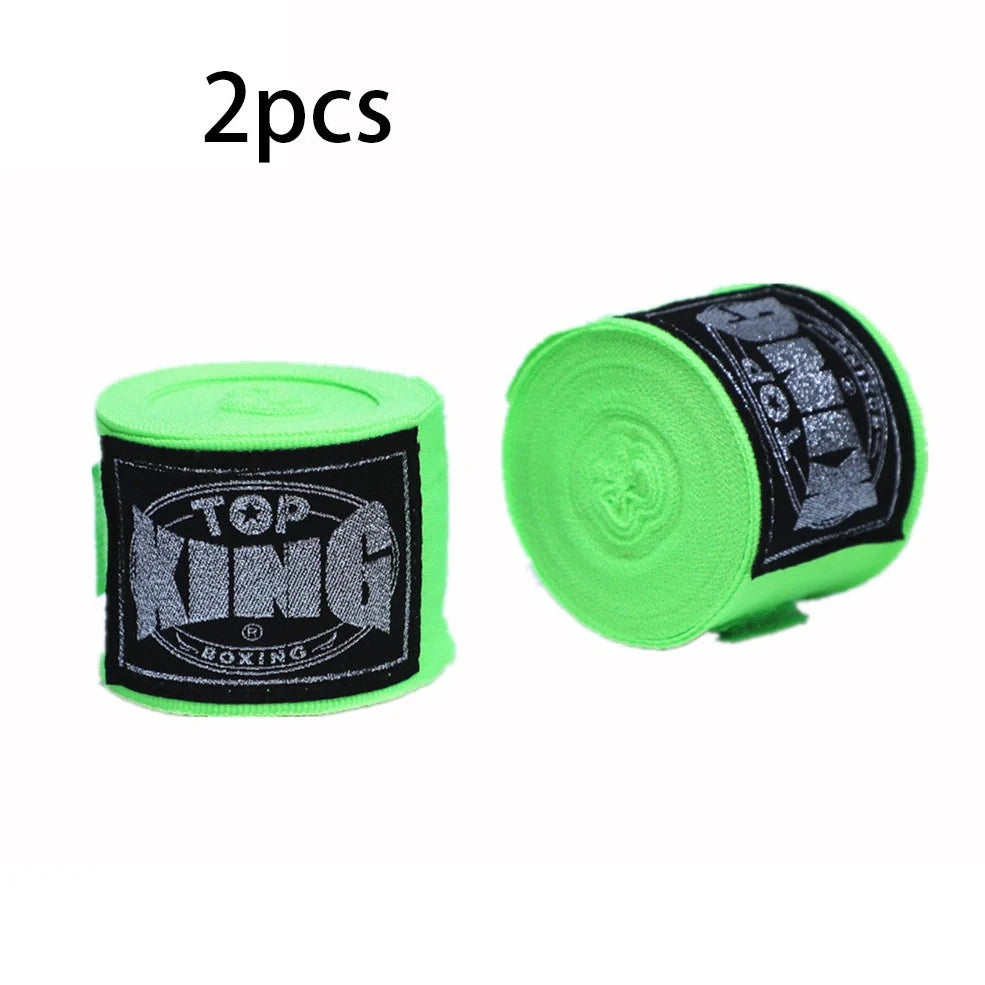 Two 5-metre boxing hand wraps in different colours showing elastic cotton construction