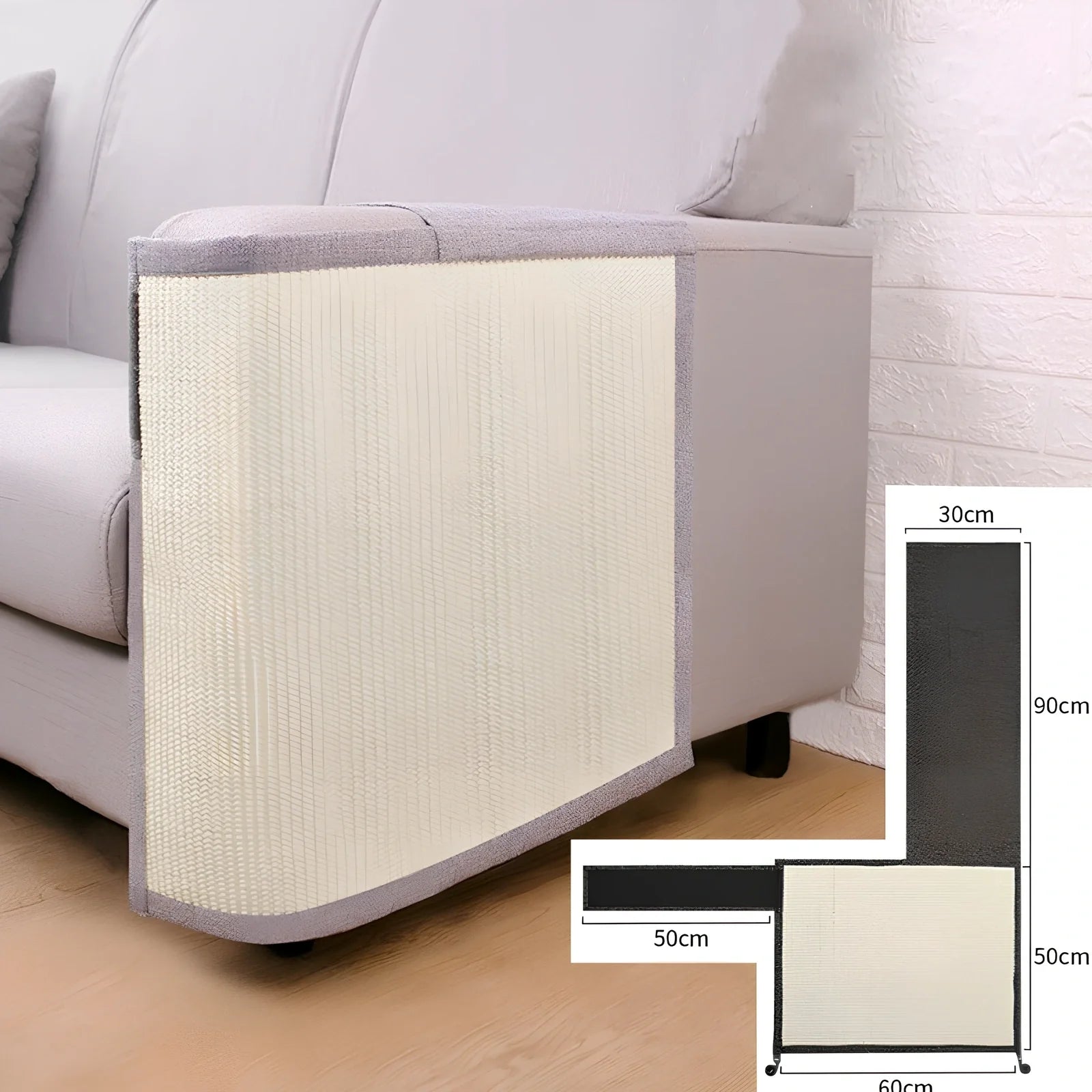 Dark grey cotton linen cat scratcher pad on sofa arm, 50cm wide anti-scratch protection for pet claws