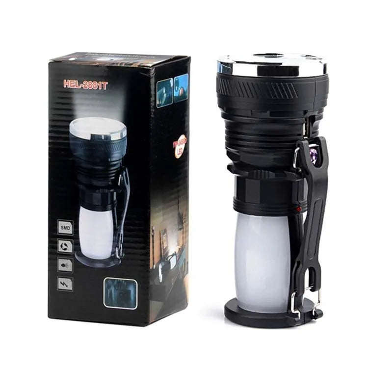 Black solar-powered LED emergency torch with USB charging port