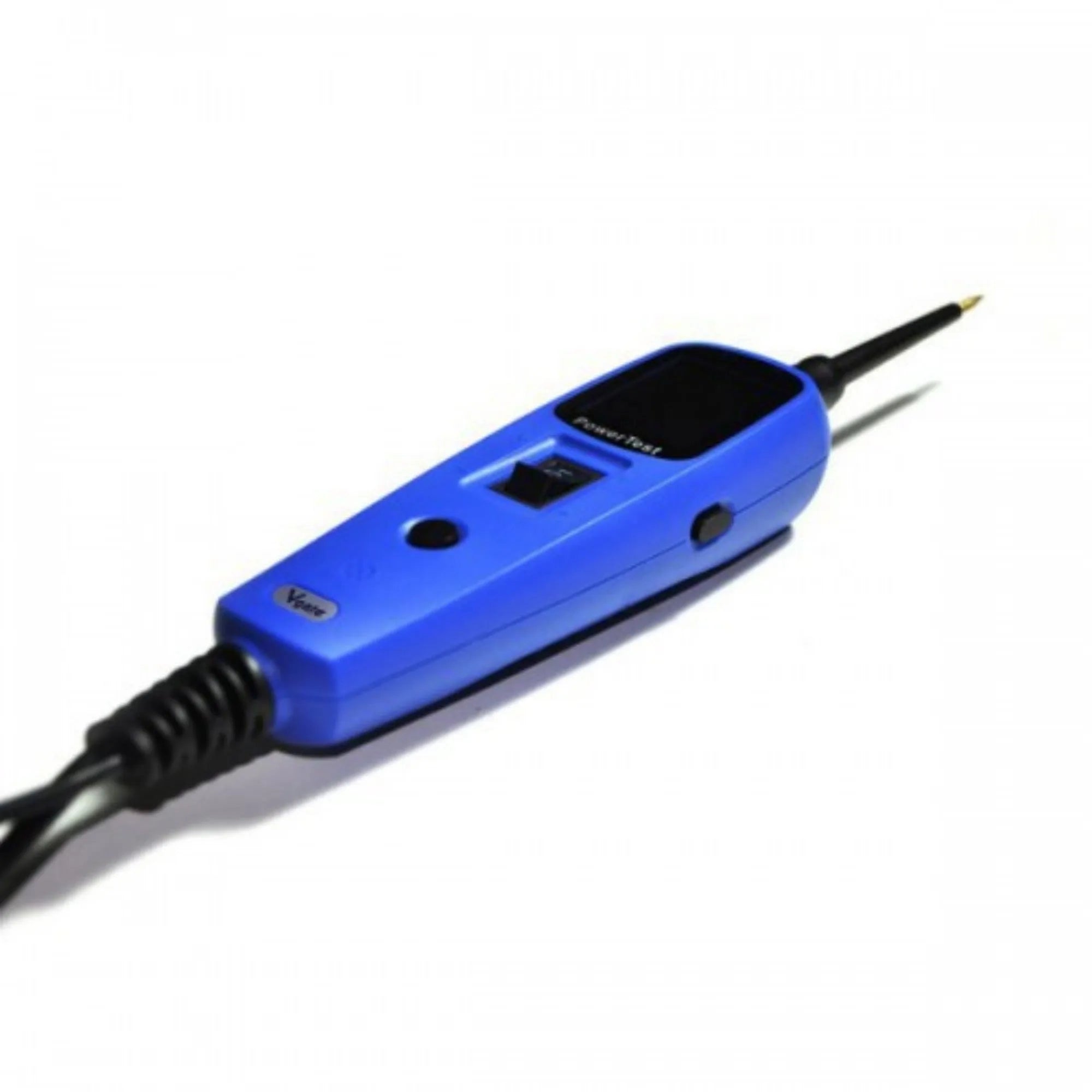 Blue automotive power circuit test pen with TFT display, extension cable, and accessories in protective case