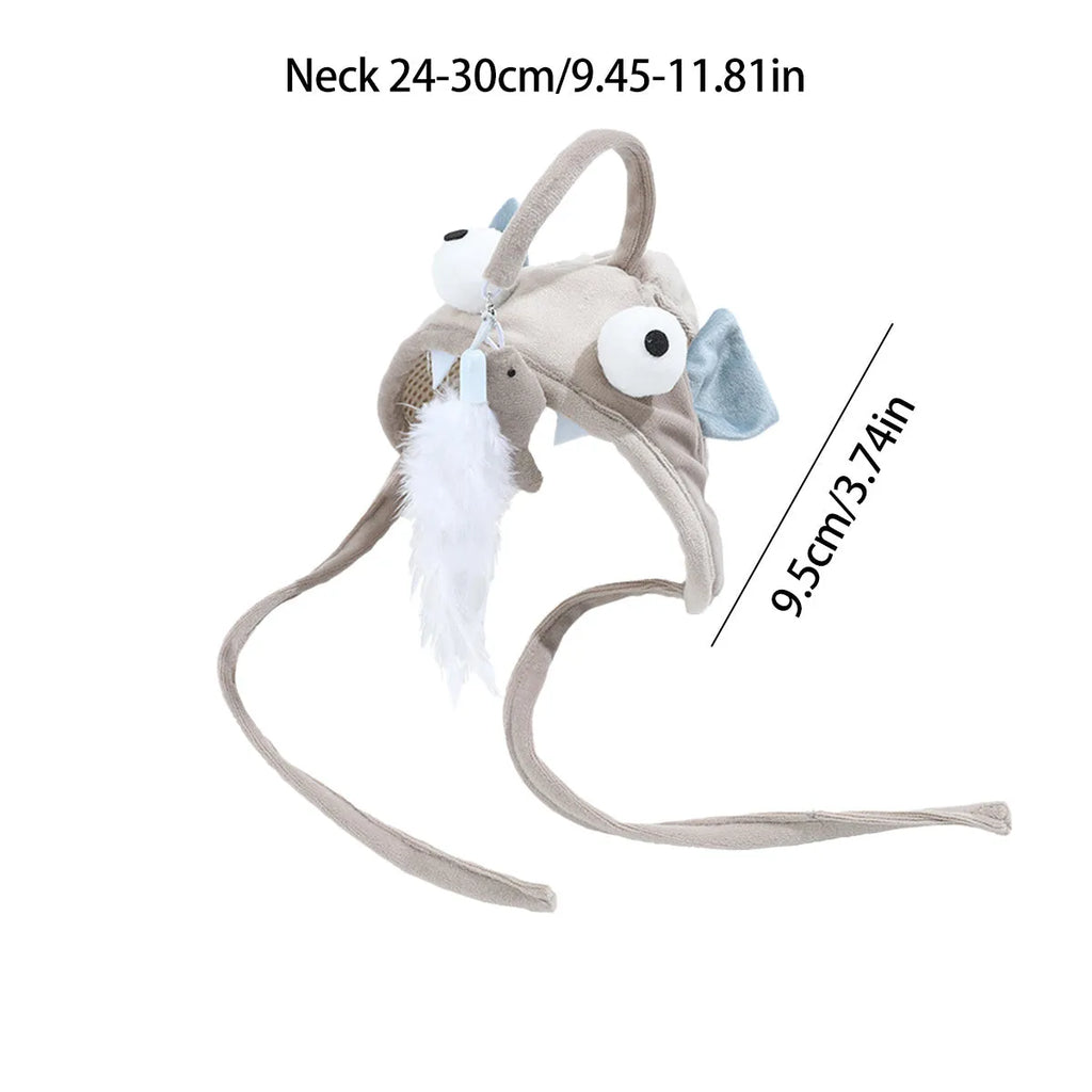 Grey feather head teaser cat stick toy with big eyes, adjustable neckband, shown on a cat.